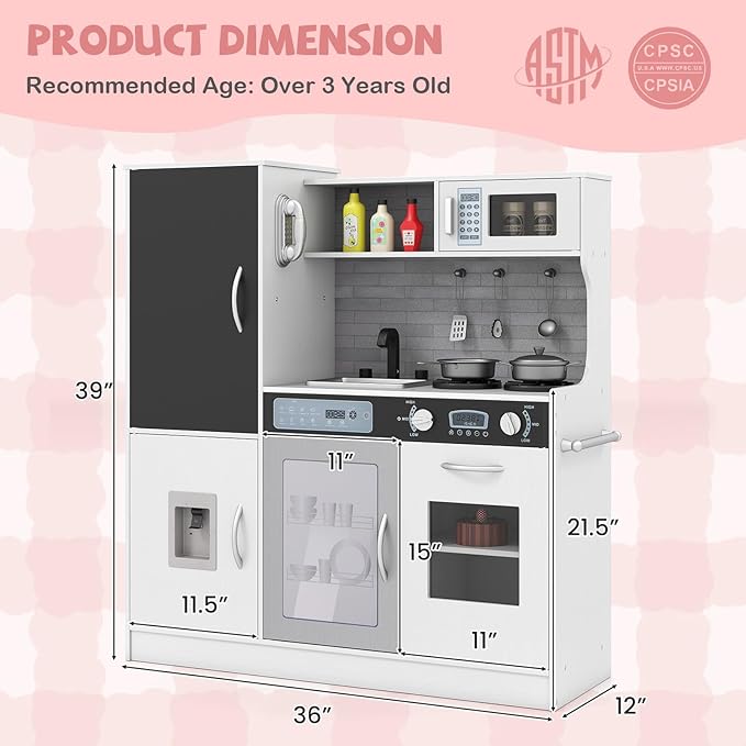 HONEY JOY Upgrade 39 in Kids Kitchen Playset, Large Wooden Little Chef Pretend Toy Kitchen Set w/Chalkboard, Telephone, Utensils, Oven, Microwave, Sink, Storage, Play Kitchen for Toddlers (White)