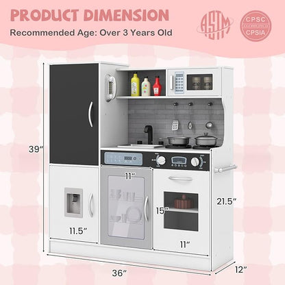 HONEY JOY Upgrade 39 in Kids Kitchen Playset, Large Wooden Little Chef Pretend Toy Kitchen Set w/Chalkboard, Telephone, Utensils, Oven, Microwave, Sink, Storage, Play Kitchen for Toddlers (White)