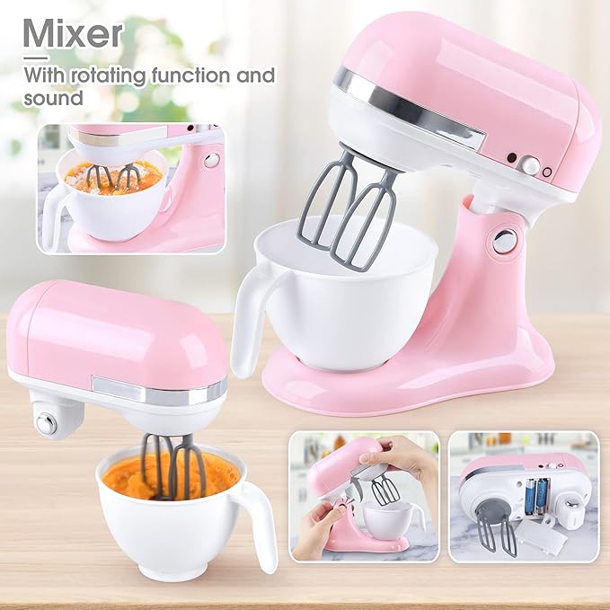 Kitchen Appliances Toys, Kids Play Kitchen Accessories Set, Pretend Kitchen Toys for Kids Ages 4-8, Coffee Maker, Mixer, Toaster with Realistic Lights & Sounds, Gift for Girls Ages 3+