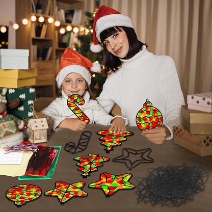 QOUBAI 32 Sets Christmas Theme Suncatchers Craft Kit DIY Window Stained Glass Effect Christmas Theme Paper Crafts Home School Classroom Decoration Kid Birthday Gift Creative Art Project Activity Game