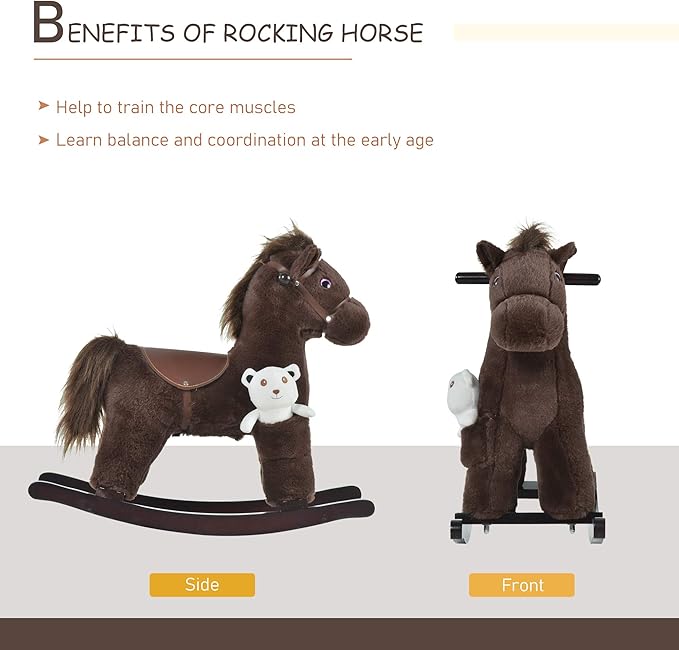 Qaba Kids Plush Ride-On Rocking Horse with Bear Toy, Children Chair with Soft Plush Toy & Fun Realistic Sounds, Brown