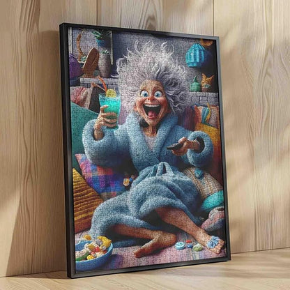 Funny Blue Bathrobe Grandma Jigsaw Puzzle for Adults 1000 Pieces Cozy Living Room Scene Whimsical Home Decor Relaxing Game 20×27 Inches Unique Gifts for Puzzle Lovers Family Entertainment