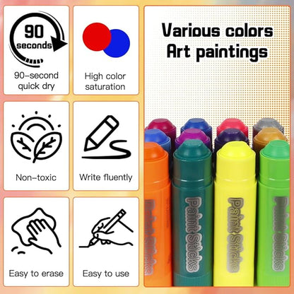 12 Metallic Colors Washable Tempera Paint Sticks, Quick Drying and Non-Toxic Paint Sticks for Kids and Toddlers