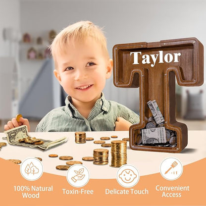 Wooden Letter Piggy Bank for Kids Larger Letter Piggy Bank for Boys and Girls Personalized Piggy Bank Initial Coin Bank Wood Kids Money Bank for Birthday and Festival