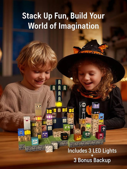 Magnetic Blocks -137PCS Lights Halloween Building Blocks,World Magnetic Tiles Kids Build Cubes 3+,STEM Toys for 3-5 4-8 5-7 Year Old Boys,Sensory Creative Activities Birthday Gift