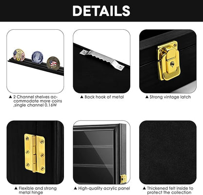PiaoHao Medals Display Case Wall Frame for Collector, Military Challenge Coins Holder, Pins, Lockable Shadow Box with Removable Shelves, Black