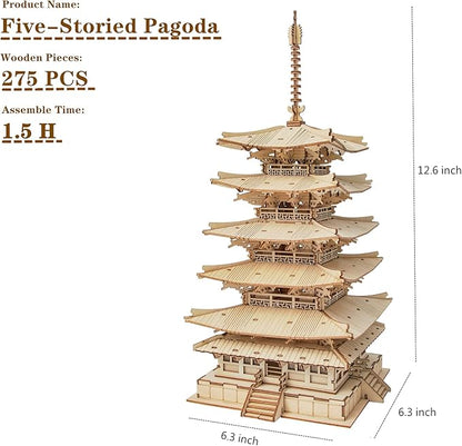 ROBOTIME 3D Puzzle Wooden Craft Kits for Adults DIY Model Building Kit Best Gift for Kids (Five-Storied Pagoda)