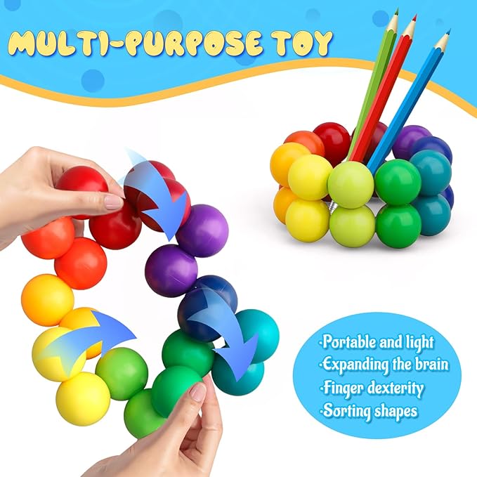 3 PCS Colorful Ball Fidget Ring Toy for Kids Toddlers, Fidget Chain Airplane Car Travel Trip for Age 3-8, Rainbow DIY Sensory Puzzle Toy for Easter Eggs Basket Stuffer Gifts