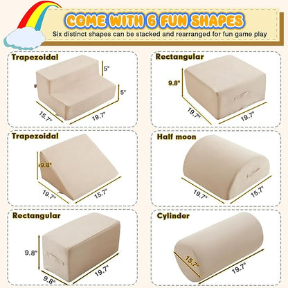 jela Kids Foam Climbing Blocks 6Pcs Soft Play Equipment Luxury Miss Fabric Toddler Climbing Toys Indoor, Lightweight Climbing Blocks for Babies, Kids, Climb and Crawl Foam Playset (Sand Beige)