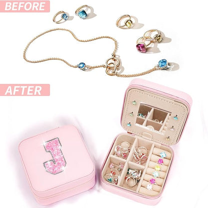 Travel Jewelry Case - Personalized Jewelry Box for Women,Small Jewelry Organizer Cute Jewelry Organizers and Storage Aesthetic,Travel Essentials Birthday Gifts for Girls Women | Pink,J
