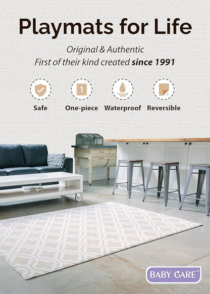 Baby Care Play Mat (Medium, Moroccan - Beige) 73’’ x 49’’ Original One-Piece Reversible Rollable Waterproof Baby Mat for Floor, Play Mat for Babies 6-12 Months, Infants, Toddlers, and Kids