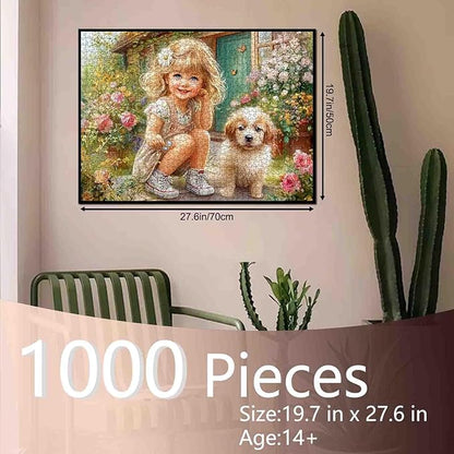 Tucocoo Charming Girl and Puppy 1000 Piece Jigsaw Puzzle for Adults, Flower Garden Cottagecore Art Puzzle, Colorful Floral Dog Scene, Relaxing and Fun Gift for Puzzle Enthusiasts, Home Wall Decor