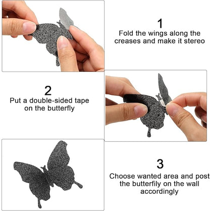 BBTO 48 Pieces Butterfly Wall Decor DIY Mirror 3D Butterfly Stickers Removable Decals for Home Bedroom School Bathroom Living Room Decor(Glitter Black)