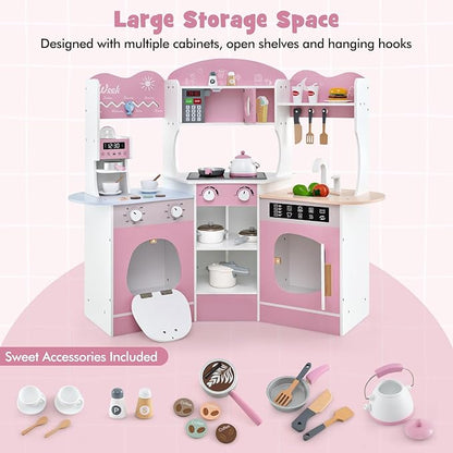 Costzon Corner Play Kitchen, Wooden Kids Kitchen Playset with Lights & Sound, Coffee Maker, Washing Machine, Oven, Microwave, Toddler Toy Kitchen for Pretend Play, Gift for Boys Girls 3+ (Pink)
