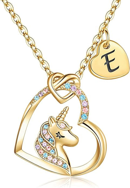 Hidepoo Unicorn Necklace Gifts for Girls - Colorful CZ Heart Pendant Initial Unicorns Necklaces for Teens Little Girls Jewelry Birthday Gift for Girl Daughter Granddaughter Niece