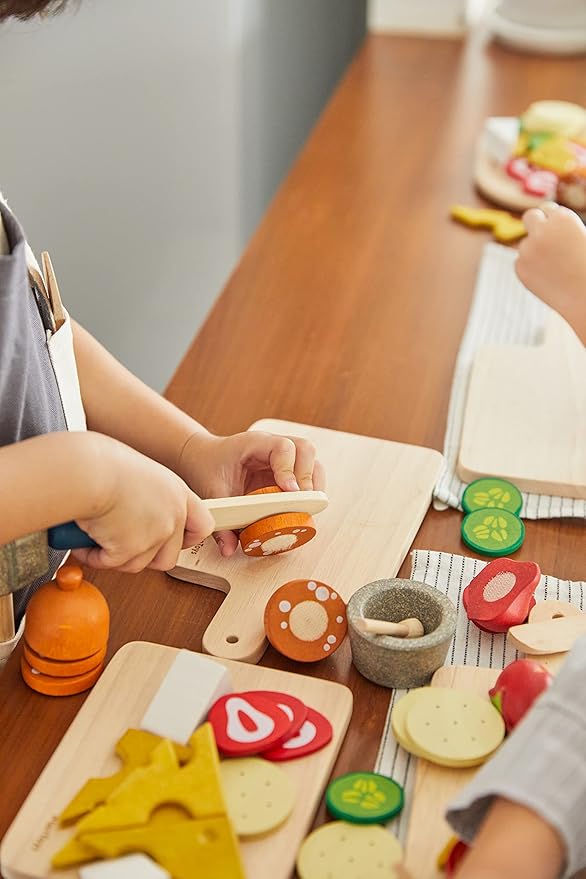 PlanToys® Wooden Pretend Cheese & Charcuterie Board Food Toy for Kids | Includes Cheese, Sausage, Crackers, Grapes, Knife & Board | Montessori Role Play Kitchen Toy for Imaginative Learning