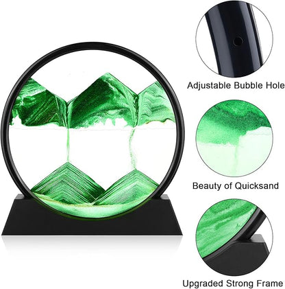 Moving Sand Art Picture - 3D Quicksand Painting Decor - Round Glass 3D Deep Sea Sandscape - Relaxing Home Decoration Desk Toys for Home Office Desk Mantle Bookshelf- (Green, 12 in)