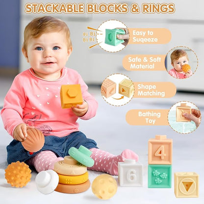Montessori Toys for 6 Month Old 1+ Year Old 6 in 1 Musical Instruments for Toddler Stacking Blocks Development Learning Educational Toy with Wooden Xylophone for 6 7 8 9 Months Baby Birthday Gift