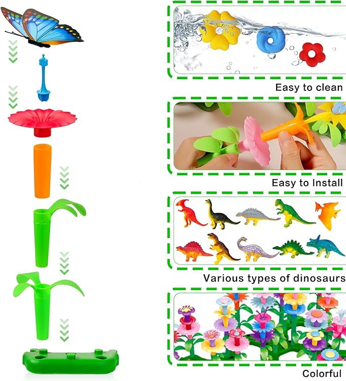 Toys Gifts for Toddlers Boys Girls Age 3 4 5 6,167 PCS Dinosaur Flower Garden Building Blocks,STEM Fine Motor Skill Stacking Games,Christmas First 1st Birthday Gifts for Preschool Kids 3+ Years Old