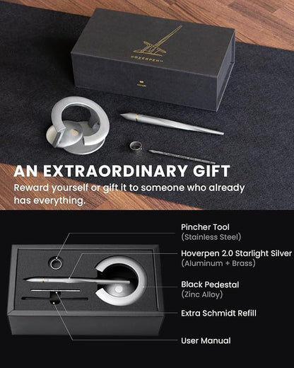 novium Hoverpen Interstellar - Luxury Pen Made With Aerospace Alloys, Unique Aesthetic, Free Spinning Executive Pen, Desk Decor (Starlight Silver, 18K-Gold)
