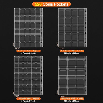 Coin Collection Book with 520 Pockets Coin Holders, Coin Albums for Collectors Coin Sleeves-Paper Money Binder Organizer Coins Storage Case with Lock,Collecting Coin Collection Supplies for Bill,Stamp