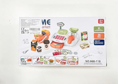 Pretend Play Cash Register Toy with Functional Caculator Cashier Scanner Toy Supermarket with Simulate Food Fruit etc Kids Grocery Store Play Money Food Shop Toy Educational Playset for Kids