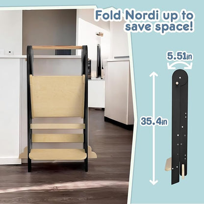 Nordi Foldable Toddler Kitchen Tower, Montessori Kitchen Stools Helper, Standing Tower with 3 Adjustable Heights, Suitable Age for 2-6 Years, Black