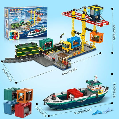 HOGOKIDS City Wharf Building Set with Crane - Includes Ship Train Truck, 4 Containers with Cargo Harbor Building Blocks | Large Construction Toy for for Adults Teens Kids Girls Boys 6-14+（1373PCS）