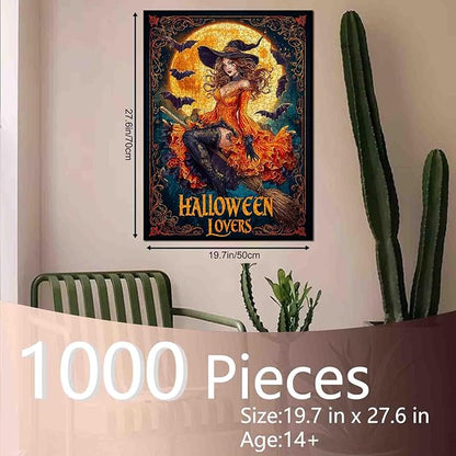 Halloween Witch Puzzle 1000 Pieces for Adults Sexy Witch on Broom Jigsaw Full Moon and Bats Fantasy Halloween Puzzles Fall Decor Fun Challenging Puzzle Gift for Women Men Family Game Nights