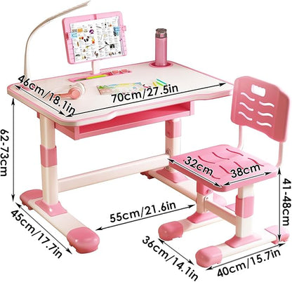 2025 NEW Kid's Study Desk and Chair Set, Ergonomic Height Adjustable Children Study Desk with Tilt Desktop, Book Stand, Light, Metal Hook and Storage Drawer,Gift for Boys Girls (Pink 70cm light)