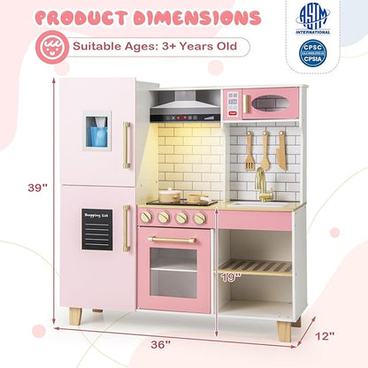Costzon Kids Kitchen Playset, Wooden Pretend Play Kitchen with BBQ Grill, Ice Maker, Range Hood, Blackboard & Cooking Accessories, Toy Kitchen Set with Lights & Sounds, Gift for Toddlers Ages 3+