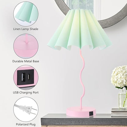 Table Lamp for Bedroom Nightstand Modern Touch Green Pink Lamp Dimmable Lamp for Living Room End Table with USB Port and Outlet
