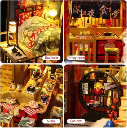 Yuzhen DIY Miniature Dollhouse with Furniture and LED Lights, Japanese Style Wooden Mini-Restaurant Includes Dustcover and Music Movement, Exquisite Home Decor
