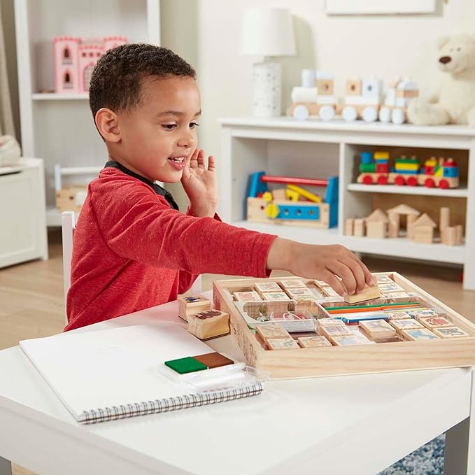 Melissa & Doug Deluxe Wooden Stamp Set: Animals - 30 Stamps, 6 Markers, 2 Stamp Pads