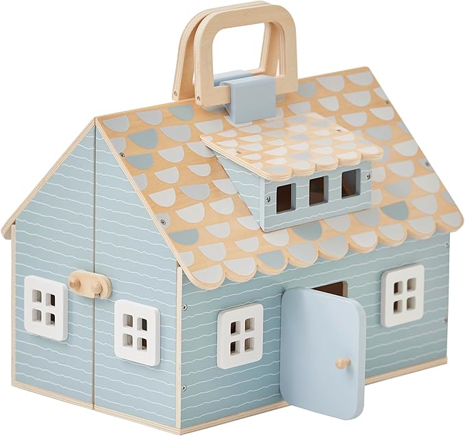 Olivia's Little World Wooden Cottage Dollhouse with 12 Accessories & 4 Figurines – Portable 2-Story Playhouse for 3.5" Dolls – Foldable Miniature Toy House for Girls Ages 3+