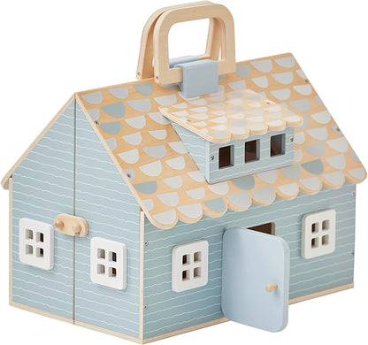 Olivia's Little World Wooden Cottage Dollhouse with 12 Accessories & 4 Figurines – Portable 2-Story Playhouse for 3.5" Dolls – Foldable Miniature Toy House for Girls Ages 3+