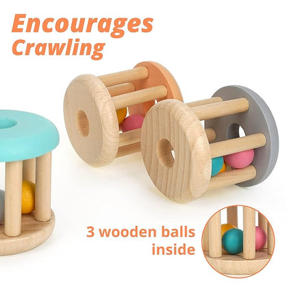 DUCKBOXX XX Montessori Infant Educational Toys, Natural Wood Rolling Rattle Toy, Early Learning Toy for Developing Fine Motor Skills and Color Recognition, for Ages 0m–2yrs (Burlywood Base - 3pcs)