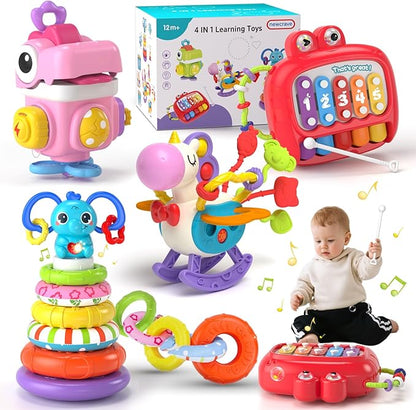 4 in 1 Baby Toys for 6 to 12 Months, Infant Sensory & Stacking for 1+ Year Old, Busy Cube Toys for Babies 12 -18 Months, Piano Xylophone Musical Travel Toys, Christmas Birthday Gifts for 1 - 2 - 3