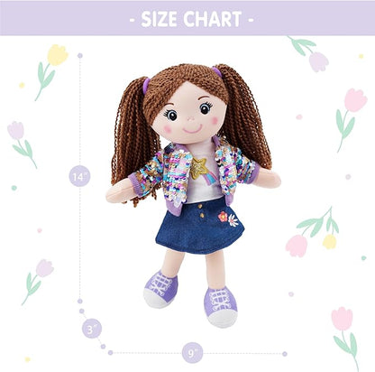 June Garden 14" Snuggle Cutie Sophie Glam - Soft Cuddly Plush Doll Gift for Girls - Huggable Rag Doll - Trendy Outfit M