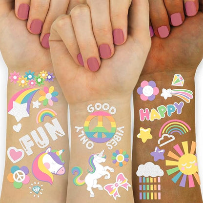118 PCS Kids Tattoos Temporary for Girls, Unicorn Rainbow Crown Glitter Tattoos, Girls Unicorn Party Decorations Kids Birthday Party Favor Supplies Princess Tattoos Stickers