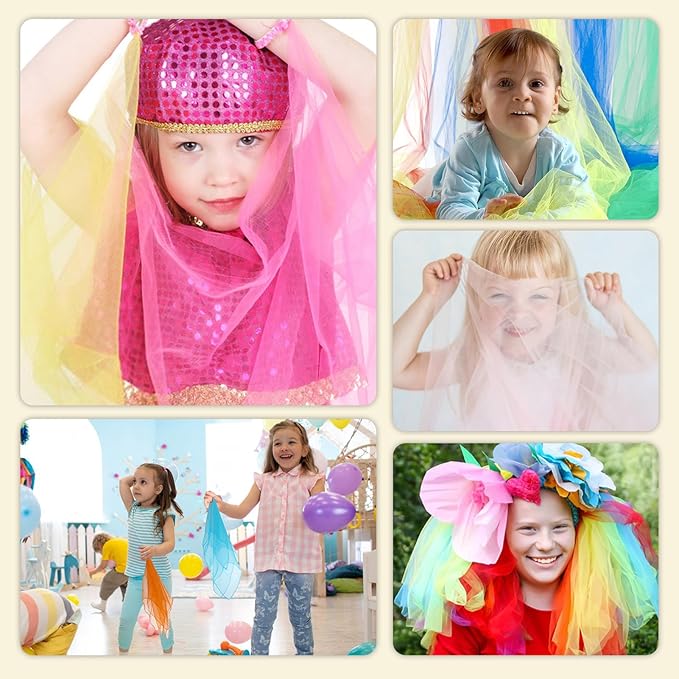 Colovis 60 Pack Dance Scarves,15 Colors Square Juggling Scarf Props Magic Trick Silk Scarves Music Movement Scarf for Kids to Play with, 24 by 24 Inches