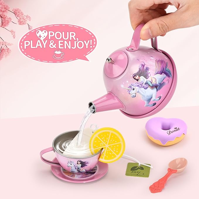 Unicorn Tea Party Set for Toddler Girls – 19-Piece Pretend Play Tin Tea Set with Teapot, Cups, Plates, Spoons & Carrying Case – Princess Kitchen Toys for Kids Ages 3-8 – Birthday Gift