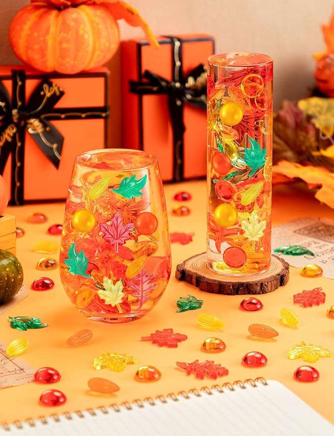 150Pcs Fall Vases Filler, Mini Acrylic Maple Leaves Corn Gem for Thanksgiving Table Decor