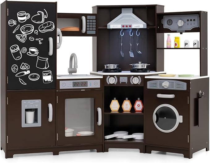 HONEY JOY Corner Play Kitchen, Large Wooden Pretend Toy Kitchen Set w/Lights, Ice & Coffee Maker, Range Hood, Chalkboard, Microwave, Cookware, Little Chef Kids Kitchen Playset for Toddlers (Espresso)
