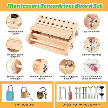 Wooderma Montessori Screwdriver Board Set, with Lock and Key, Wooden Montessori Toys for 3 4 5, Toddler Screwdriver Toy, Kids Tool Set, Preschool Learning Sensory Toy, Fine Motor Skills Toys