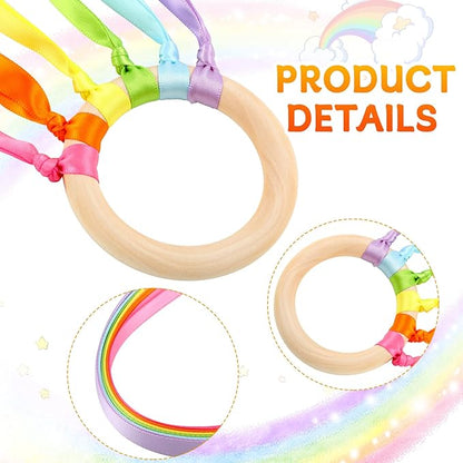 Junkin Ribbon Rings Hand Kite Waldorf Toys Dancing Wrist Ribbons Rainbow Streamers with Wood Ring Educational Toy for Playroom Dancing Birthday Party Gift(Fresh,24 Pcs)