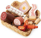 Tender Leaf Toys - Charcuterie Basket - 11 Pcs Solid Wood Cured Meats with Hand-Crafted Wicker Basket, Pretend Food Playset Supermarket Shopping Game Play Kitchen Farmer's Market Accessories - Age 3+