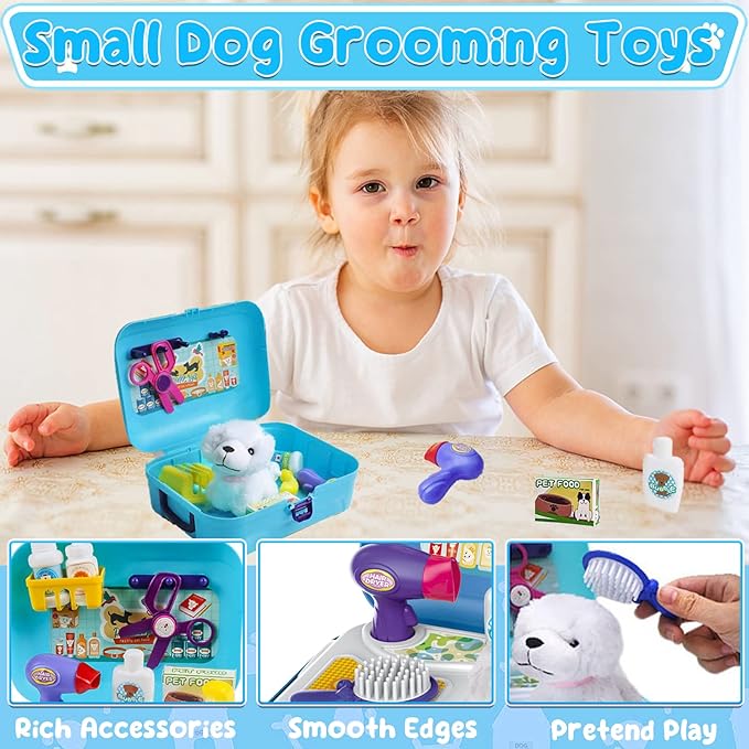 TEUVO Pet Care Playset, 16Pcs Kids Doctor Kit with Plush Dog & Backpack for Dog Grooming & Feeding, Pet Doctor Pretend Play Toys for 3 4 5 6 7 Years Old Girls Boys Birthday