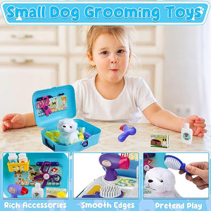 TEUVO Pet Care Playset, 16Pcs Kids Doctor Kit with Plush Dog & Backpack for Dog Grooming & Feeding, Pet Doctor Pretend Play Toys for 3 4 5 6 7 Years Old Girls Boys Birthday