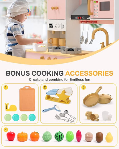 Babytronic Wooden Play Kitchen Set, Pretend Play Kitchen with Lights and Sounds for Kids Ages 3+, Includes Stove, Oven, Microwave, Coffee Maker, and Accessories, Toy Kitchen Set for Toddlers (Pink)